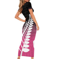 Pink Silver Fern Spirit Taniko Tukutuku Personalised Family Matching Short Sleeve Bodycon Dress and Hawaiian Shirt