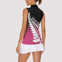 Pink Silver Fern Spirit Taniko Tukutuku Personalised Women Sleeveless Polo Shirt