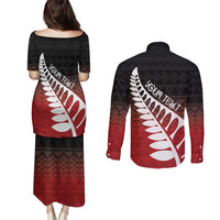 Red Silver Fern Spirit Taniko Tukutuku Personalised Couples Matching Puletasi and Long Sleeve Button Shirt LT9 - Polynesian Pride
