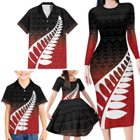 Red Silver Fern Spirit Taniko Tukutuku Personalised Family Matching Long Sleeve Bodycon Dress and Hawaiian Shirt