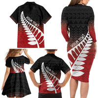Red Silver Fern Spirit Taniko Tukutuku Personalised Family Matching Long Sleeve Bodycon Dress and Hawaiian Shirt