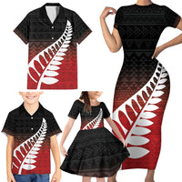 Red Silver Fern Spirit Taniko Tukutuku Personalised Family Matching Short Sleeve Bodycon Dress and Hawaiian Shirt
