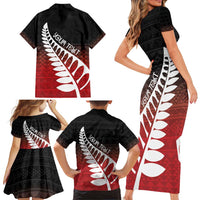 Red Silver Fern Spirit Taniko Tukutuku Personalised Family Matching Short Sleeve Bodycon Dress and Hawaiian Shirt