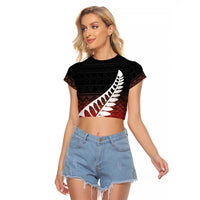 Red Silver Fern Spirit Taniko Tukutuku Personalised Raglan Cropped T Shirt LT9 Female Red - Polynesian Pride