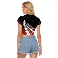 Red Silver Fern Spirit Taniko Tukutuku Personalised Raglan Cropped T Shirt LT9 - Polynesian Pride