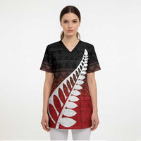 Red Silver Fern Spirit Taniko Tukutuku Personalised Scrub Top - Polynesian Pride