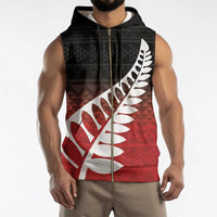 Red Silver Fern Spirit Taniko Tukutuku Personalised Sleeveless Zip Hoodie - Polynesian Pride