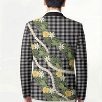 Aloha Puakenikeni Anthurium Pikake Lei Blazer Black Hawaiian Palaka Pattern