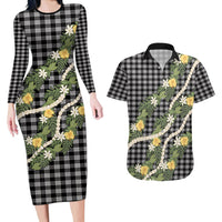 Aloha Puakenikeni Anthurium Pikake Lei Couples Matching Long Sleeve Bodycon Dress and Hawaiian Shirt Black Hawaiian Palaka Pattern
