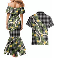 Aloha Puakenikeni Anthurium Pikake Lei Couples Matching Mermaid Dress and Hawaiian Shirt Black Hawaiian Palaka Pattern
