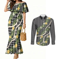 Aloha Puakenikeni Anthurium Pikake Lei Couples Matching Mermaid Dress and Long Sleeve Button Shirt Black Hawaiian Palaka Pattern LT9 Black - Polynesian Pride