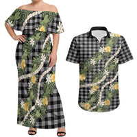Aloha Puakenikeni Anthurium Pikake Lei Couples Matching Off Shoulder Maxi Dress and Hawaiian Shirt Black Hawaiian Palaka Pattern LT9 Black - Polynesian Pride