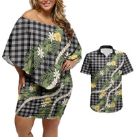 Aloha Puakenikeni Anthurium Pikake Lei Couples Matching Off Shoulder Short Dress and Hawaiian Shirt Black Hawaiian Palaka Pattern LT9 Black - Polynesian Pride