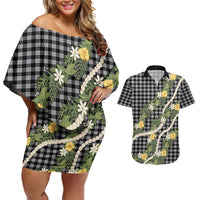 Aloha Puakenikeni Anthurium Pikake Lei Couples Matching Off Shoulder Short Dress and Hawaiian Shirt Black Hawaiian Palaka Pattern