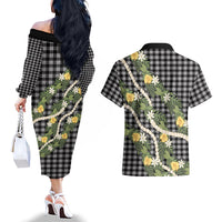 Aloha Puakenikeni Anthurium Pikake Lei Couples Matching Off The Shoulder Long Sleeve Dress and Hawaiian Shirt Black Hawaiian Palaka Pattern