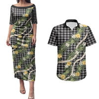 Aloha Puakenikeni Anthurium Pikake Lei Couples Matching Puletasi and Hawaiian Shirt Black Hawaiian Palaka Pattern LT9 Black - Polynesian Pride