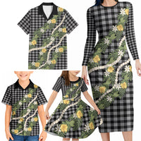 Aloha Puakenikeni Anthurium Pikake Lei Family Matching Long Sleeve Bodycon Dress and Hawaiian Shirt Black Hawaiian Palaka Pattern LT9 - Polynesian Pride