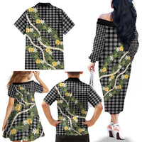 Aloha Puakenikeni Anthurium Pikake Lei Family Matching Off The Shoulder Long Sleeve Dress and Hawaiian Shirt Black Hawaiian Palaka Pattern