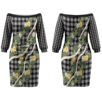 Aloha Puakenikeni Anthurium Pikake Lei Family Matching Off The Shoulder Long Sleeve Dress and Hawaiian Shirt Black Hawaiian Palaka Pattern LT9 Mom's Dress Black - Polynesian Pride