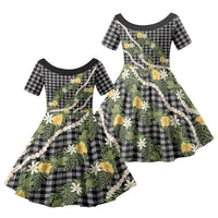 Aloha Puakenikeni Anthurium Pikake Lei Family Matching Off The Shoulder Long Sleeve Dress and Hawaiian Shirt Black Hawaiian Palaka Pattern LT9 Daughter's Dress Black - Polynesian Pride