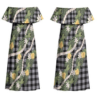 Aloha Puakenikeni Anthurium Pikake Lei Family Matching Off Shoulder Maxi Dress and Hawaiian Shirt Black Hawaiian Palaka Pattern LT9 Mom's Dress Black - Polynesian Pride