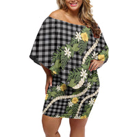 Aloha Puakenikeni Anthurium Pikake Lei Family Matching Off Shoulder Short Dress and Hawaiian Shirt Black Hawaiian Palaka Pattern