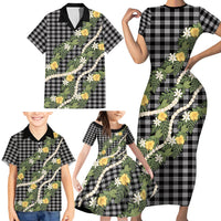 Aloha Puakenikeni Anthurium Pikake Lei Family Matching Short Sleeve Bodycon Dress and Hawaiian Shirt Black Hawaiian Palaka Pattern