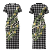 Aloha Puakenikeni Anthurium Pikake Lei Family Matching Short Sleeve Bodycon Dress and Hawaiian Shirt Black Hawaiian Palaka Pattern LT9 Mom's Dress Black - Polynesian Pride