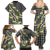 Aloha Puakenikeni Anthurium Pikake Lei Family Matching Summer Maxi Dress and Hawaiian Shirt Black Hawaiian Palaka Pattern