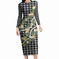 Aloha Puakenikeni Anthurium Pikake Lei Long Sleeve Bodycon Dress Black Hawaiian Palaka Pattern LT9 Long Dress Black - Polynesian Pride
