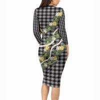 Aloha Puakenikeni Anthurium Pikake Lei Long Sleeve Bodycon Dress Black Hawaiian Palaka Pattern LT9 - Polynesian Pride