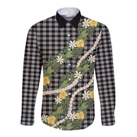 Aloha Puakenikeni Anthurium Pikake Lei Long Sleeve Button Shirt Black Hawaiian Palaka Pattern LT9 Unisex Black - Polynesian Pride