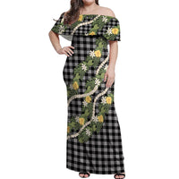 Aloha Puakenikeni Anthurium Pikake Lei Off Shoulder Maxi Dress Black Hawaiian Palaka Pattern LT9 Women Black - Polynesian Pride