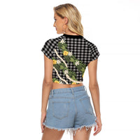 Aloha Puakenikeni Anthurium Pikake Lei Raglan Cropped T Shirt Black Hawaiian Palaka Pattern LT9 - Polynesian Pride