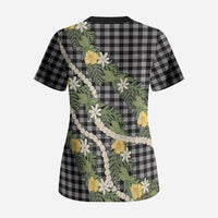 Aloha Puakenikeni Anthurium Pikake Lei Scrub Top Black Hawaiian Palaka Pattern