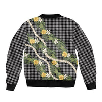 Aloha Puakenikeni Anthurium Pikake Lei Sleeve Zip Bomber Jacket Black Hawaiian Palaka Pattern LT9 - Polynesian Pride