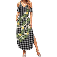 Aloha Puakenikeni Anthurium Pikake Lei Summer Maxi Dress Black Hawaiian Palaka Pattern LT9 Women Black - Polynesian Pride