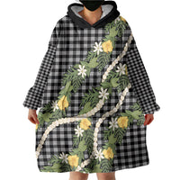 Aloha Puakenikeni Anthurium Pikake Lei Wearable Blanket Hoodie Black Hawaiian Palaka Pattern LT9 - Polynesian Pride