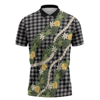 Aloha Puakenikeni Anthurium Pikake Lei Zipper Polo Shirt Black Hawaiian Palaka Pattern LT9 Black - Polynesian Pride