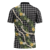 Aloha Puakenikeni Anthurium Pikake Lei Zipper Polo Shirt Black Hawaiian Palaka Pattern LT9 - Polynesian Pride