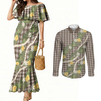 Aloha Puakenikeni Anthurium Pikake Lei Couples Matching Mermaid Dress and Long Sleeve Button Shirt Chocolate Hawaiian Palaka Pattern LT9 Chocolate - Polynesian Pride