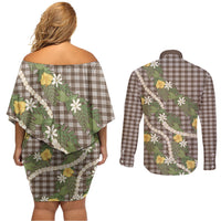 Aloha Puakenikeni Anthurium Pikake Lei Couples Matching Off Shoulder Short Dress and Long Sleeve Button Shirt Chocolate Hawaiian Palaka Pattern