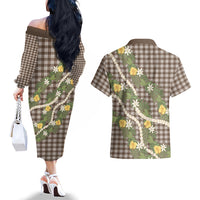 Aloha Puakenikeni Anthurium Pikake Lei Couples Matching Off The Shoulder Long Sleeve Dress and Hawaiian Shirt Chocolate Hawaiian Palaka Pattern