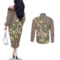 Aloha Puakenikeni Anthurium Pikake Lei Couples Matching Off The Shoulder Long Sleeve Dress and Long Sleeve Button Shirt Chocolate Hawaiian Palaka Pattern