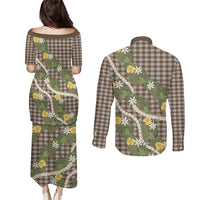 Aloha Puakenikeni Anthurium Pikake Lei Couples Matching Puletasi and Long Sleeve Button Shirt Chocolate Hawaiian Palaka Pattern LT9 - Polynesian Pride