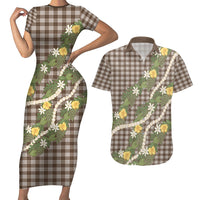 Aloha Puakenikeni Anthurium Pikake Lei Couples Matching Short Sleeve Bodycon Dress and Hawaiian Shirt Chocolate Hawaiian Palaka Pattern LT9 Chocolate - Polynesian Pride