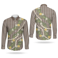 Aloha Puakenikeni Anthurium Pikake Lei Couples Matching Short Sleeve Bodycon Dress and Long Sleeve Button Shirt Chocolate Hawaiian Palaka Pattern LT9 - Polynesian Pride