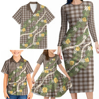 Aloha Puakenikeni Anthurium Pikake Lei Family Matching Long Sleeve Bodycon Dress and Hawaiian Shirt Chocolate Hawaiian Palaka Pattern LT9 - Polynesian Pride