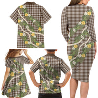 Aloha Puakenikeni Anthurium Pikake Lei Family Matching Long Sleeve Bodycon Dress and Hawaiian Shirt Chocolate Hawaiian Palaka Pattern