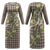 Aloha Puakenikeni Anthurium Pikake Lei Family Matching Long Sleeve Bodycon Dress and Hawaiian Shirt Chocolate Hawaiian Palaka Pattern LT9 Mom's Dress Chocolate - Polynesian Pride
